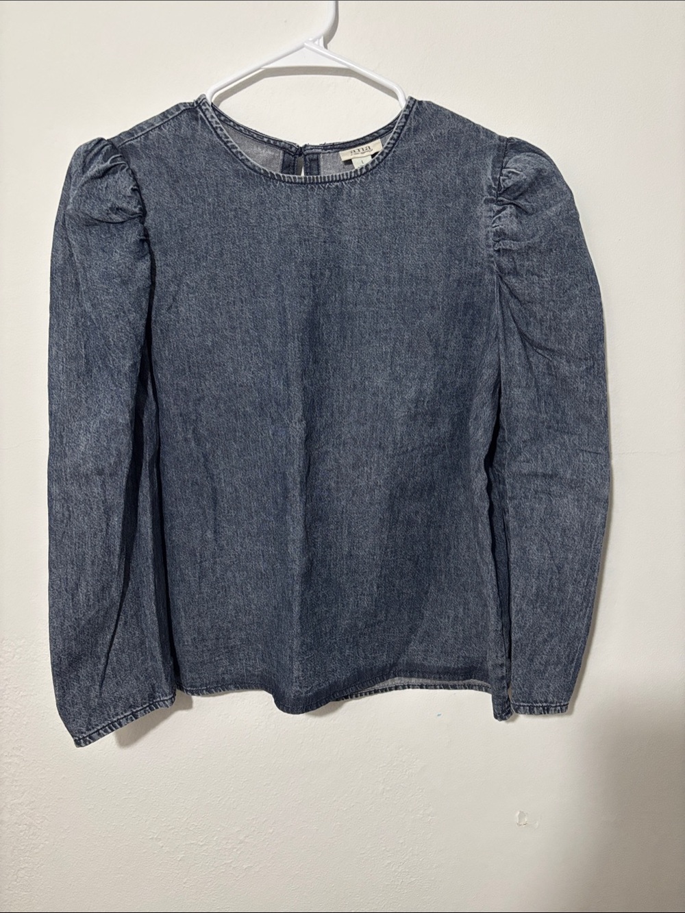 a.n.a Denim Look Puff Sleeve Long-Sleeve Top in Washed Blue